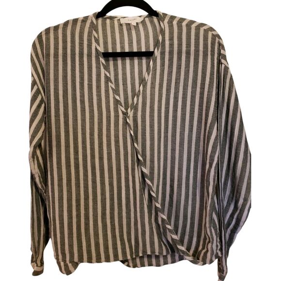 Talori White Gray Cross Front Cotton Blouse Small Wrap Long Sleeve Casual - Picture 1 of 10